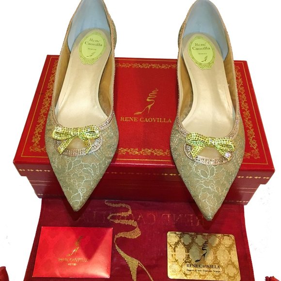 René Caovilla Gold Lace Crystal Embellished Pointed Toe Bow Flats - Picture 2 of 8